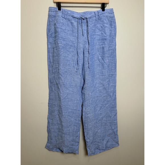 INC International Concepts Pants - INC 100% Linen Wide Leg Pants Braided Belt Jewel Button Blue Coastal Chambray